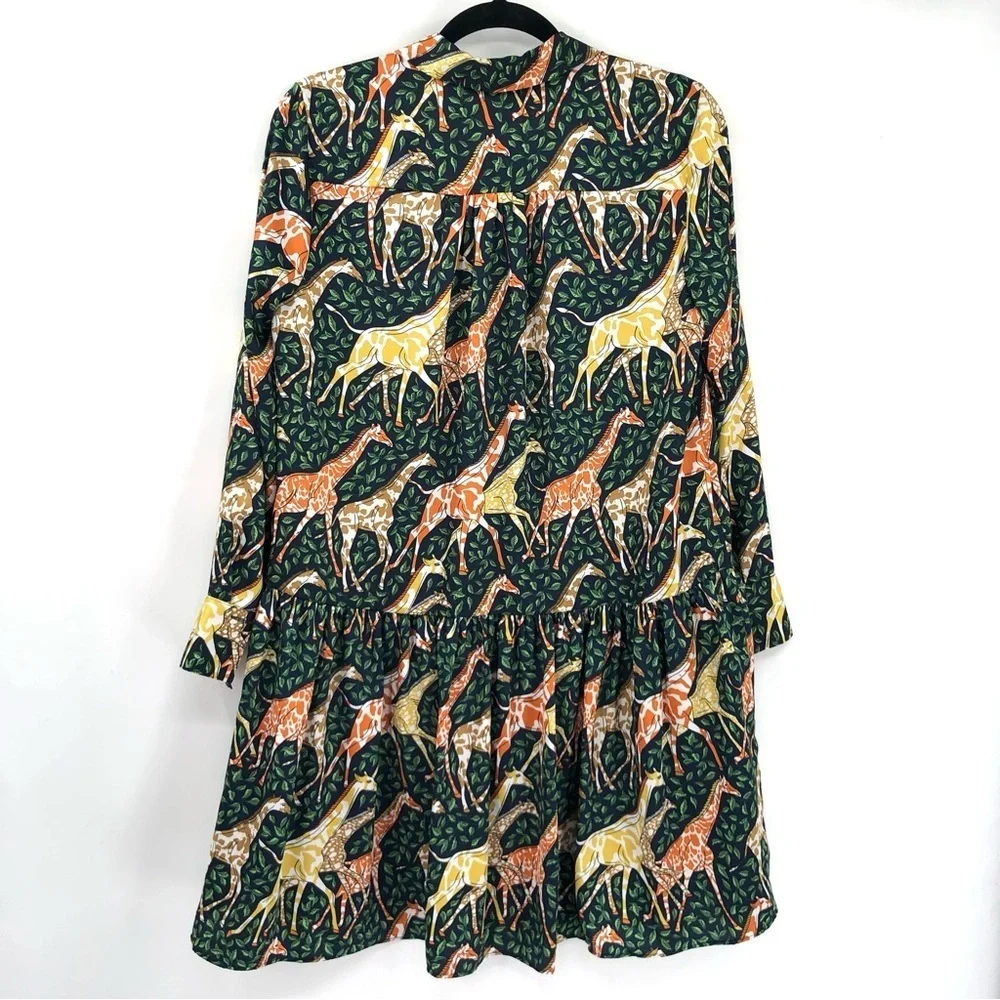 J.CREW Shirtdress in Giraffes Novelty Print Dress Long Sleeve S Navy Saffron